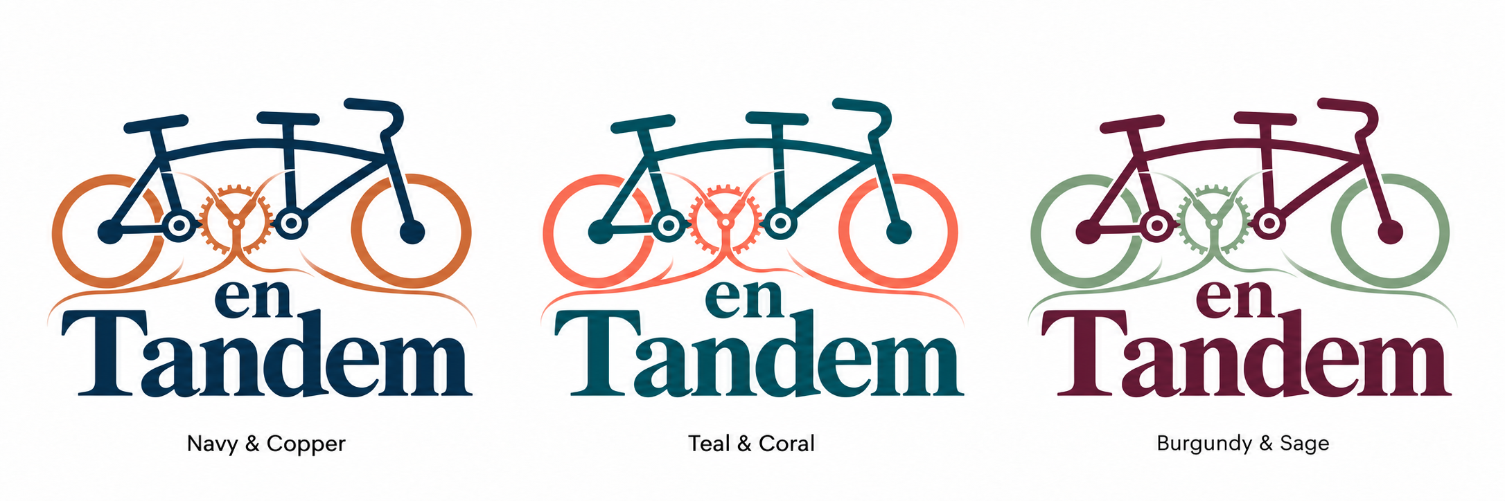 TyT en Tandem: burgundy tandem bicycle with a gentle arch, sage wheels and a Y-shaped chainring